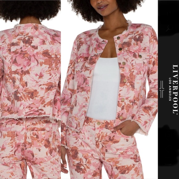 Liverpool Los Angeles - Pink Floral Printed Cropped Eco Jacket With Frayed Hem - Picture 1 of 16